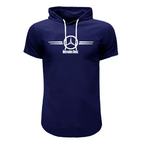 تیشرت کلاه دار مردانه سورمه ای طرح بنز آستین کوتاه نخی سایز L XL 2XL