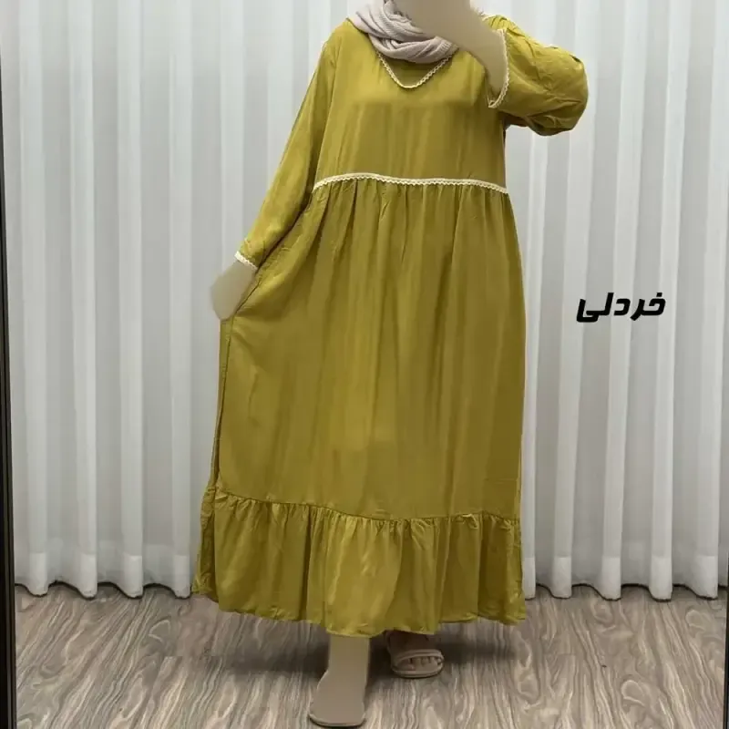 پیراهن ساحلی زنانه نخی فری سایز مدل گندمی کمربنددار چهارفصل - تصویر 2