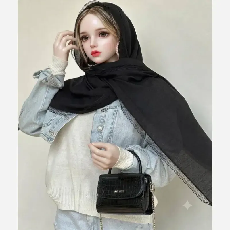 شال وال اسلپ مشکی سرمه ای نسکافه ای دور گیپور دوزی سایز 170 در 70 و 52 سانتی متر - تصویر 9