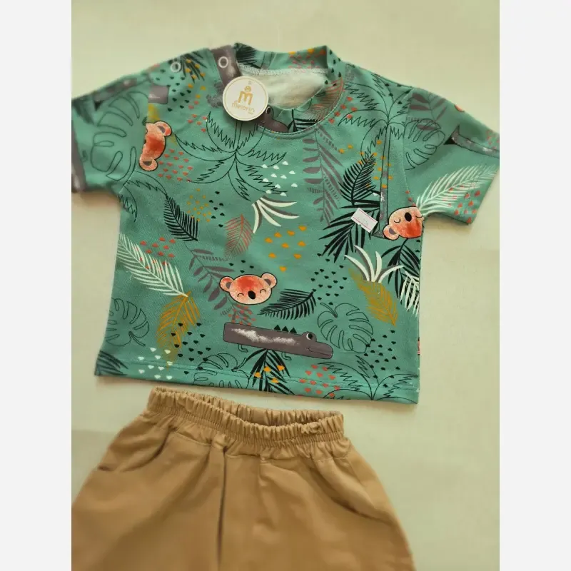 ست دو تیکه بلوز و شلوارک نوزادی کوالا پنبه و جین کاغذی 4 سایز 3 تا 18 ماه سبز طوسی کرم مهمانی - تصویر 4
