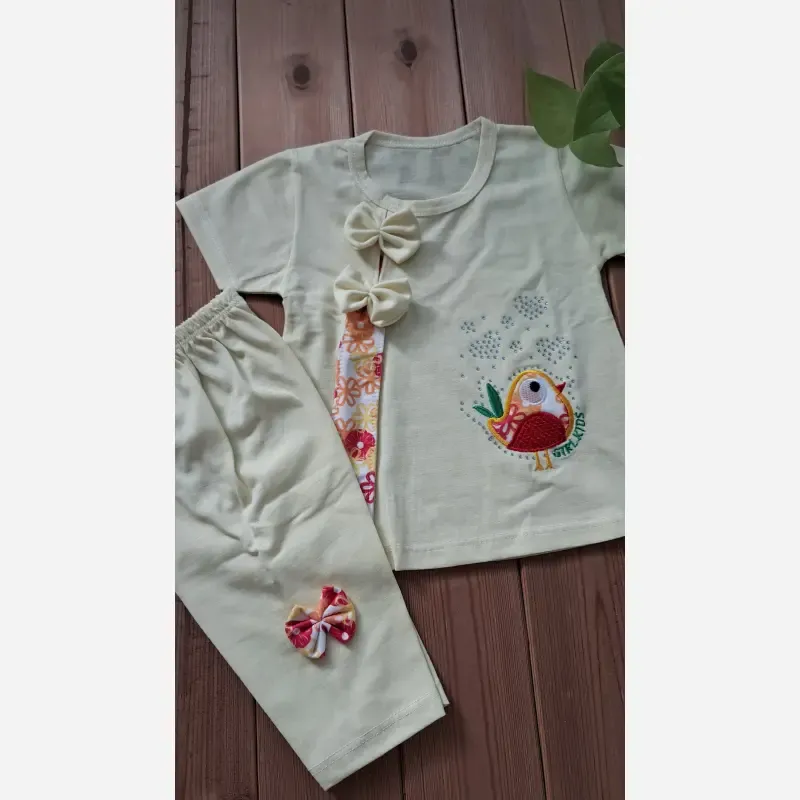 ست اقتصادی تیشرت و شلوارک ملانژ دخترانه مدل جوجه سایز 35 و 40 - تصویر 9