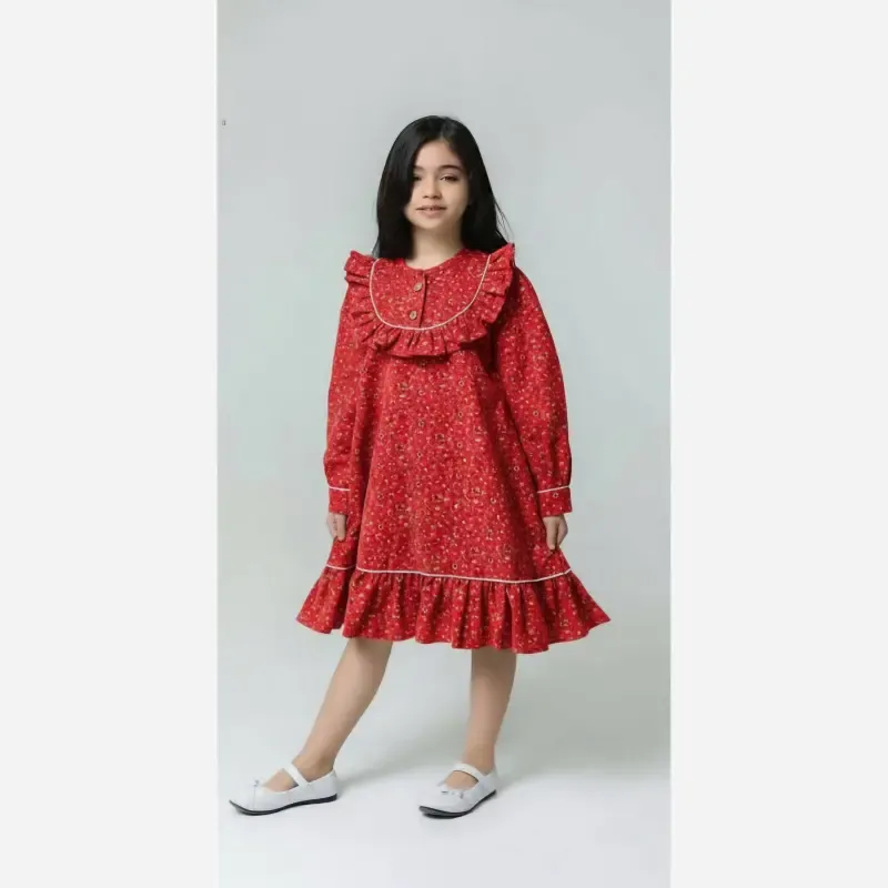 پیراهن کتان تافته دخترانه مهمونی تولد بیرونی رنگ سبز و قرمز سایز 2 تا 8 سال - تصویر 2