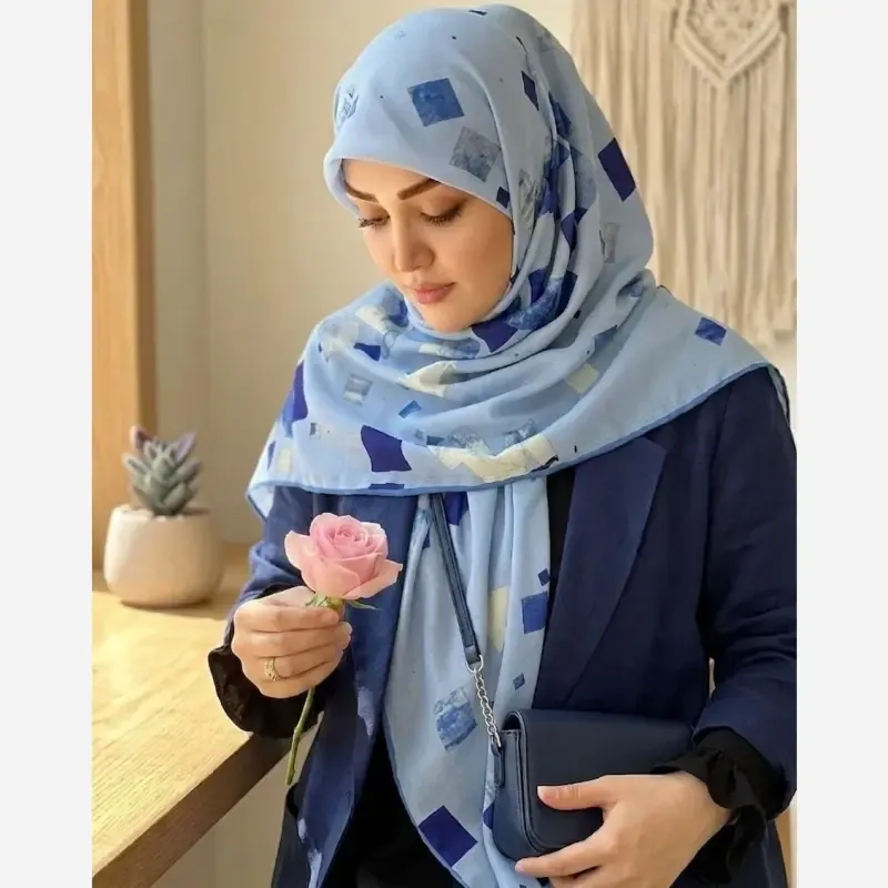 روسری نخ کاستوم طرح باران سایز 140 آبی هندسی اسپرت - تصویر 9