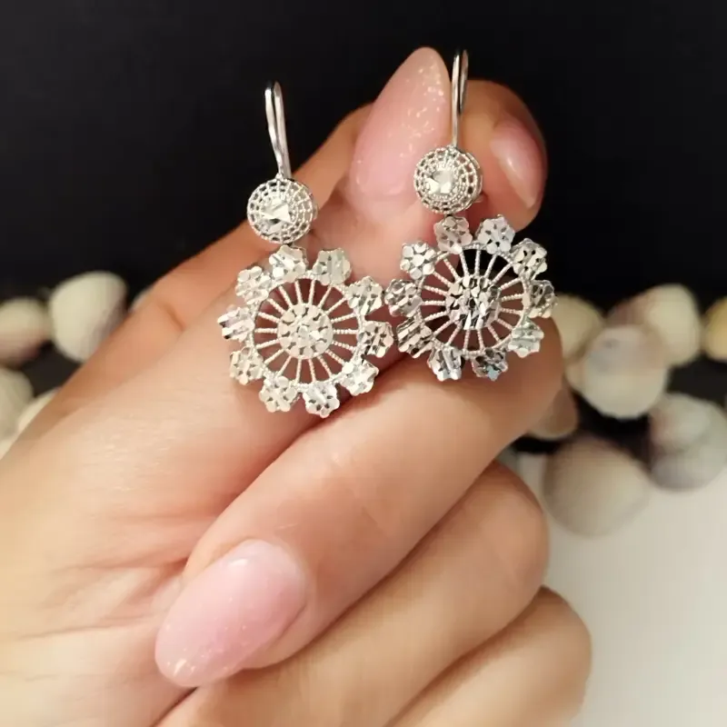 گوشواره نقره زنانه بی اس جی سیلور عیار 925 آویز طرح گل سوپر تراش روکش طلا سفید - تصویر 5