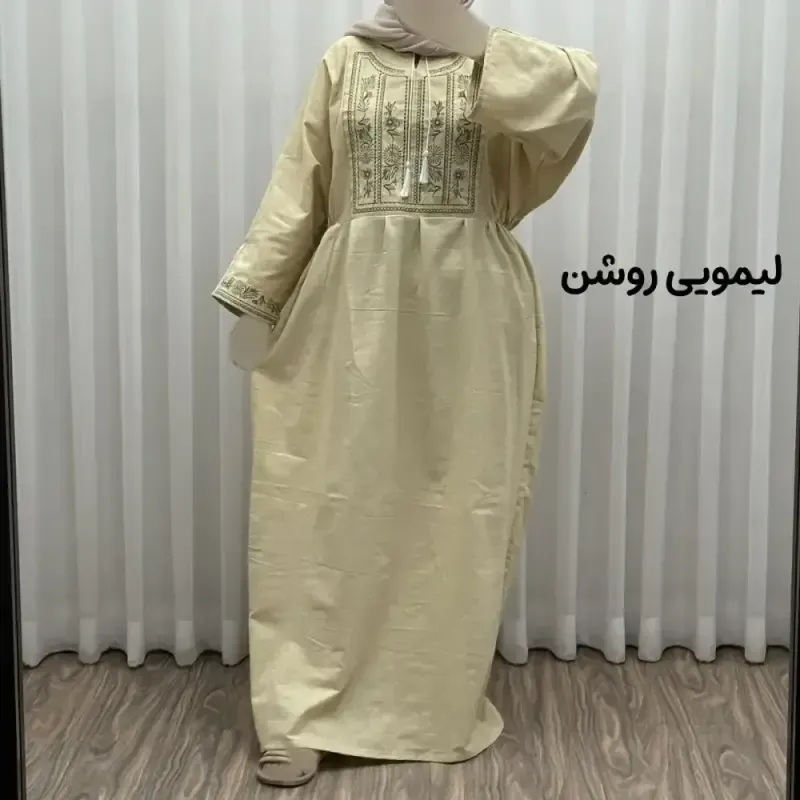 پیراهن لینن گلدوزی مایا کد 1745 فری سایز زنانه چهارفصل تنخور شیک و راحت بدون سایه اندازی و بدن نما - تصویر 3
