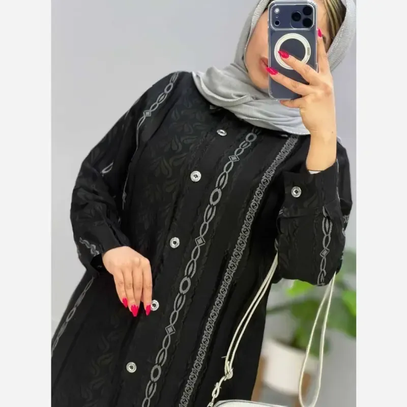 مانتو بلند ژاکارد مشکی سایز بزرگ مناسب سایز 46 تا 52 - تصویر 3