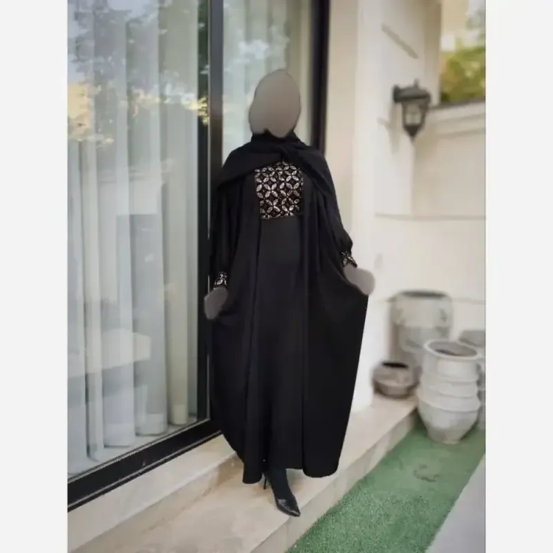 عبا مشکی طرح محیا با خرجکار سوزن دوزی هندی کرپ الیزه - تصویر 6