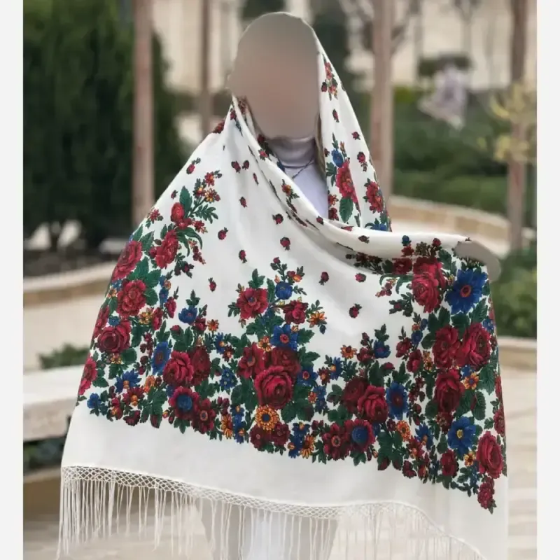 روسری ترکمنی ایرانی مدل تاتار کد 1607 طرح سنتی نخ پلی استر 130x130 مناسب 4 فصل - تصویر 5