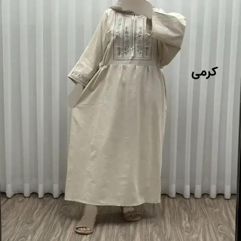 پیراهن لینن گلدوزی مایا کد 1745 فری سایز زنانه چهارفصل تنخور شیک و راحت بدون سایه اندازی و بدن نما - تصویر 2