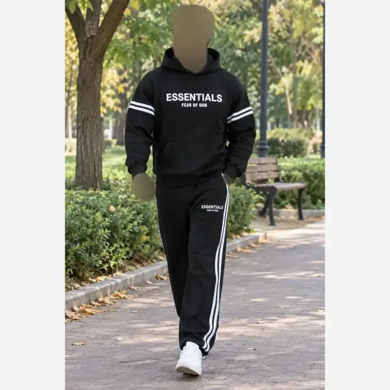 ست هودی شلوار دورس توکرکی طرح ESSENTIALS رنگ مشکی سایز XL و 2XL - تصویر 3