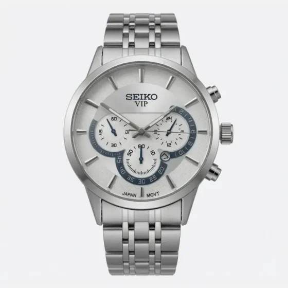 ساعت مچی مردانه سیکو استیل صفحه سفید طرح سه موتور بند فلزی تقویم دار