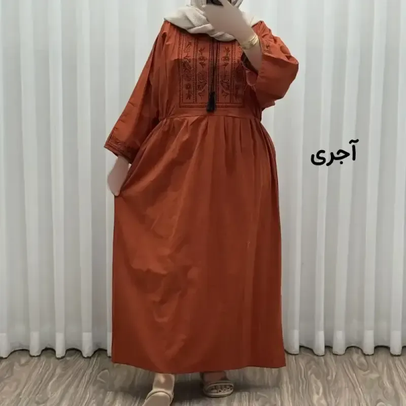 پیراهن لینن گلدوزی مایا کد 1745 فری سایز زنانه چهارفصل تنخور شیک و راحت بدون سایه اندازی و بدن نما - تصویر 5