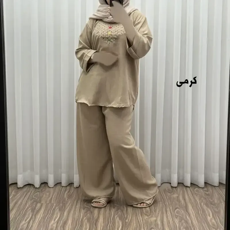 ست بلوز شلوار گلدوزی آلنا فری سایز تا 50 جنس صوفیا چهارفصل شیک راحت بدون آبرفت و رنگ رفت - تصویر 8
