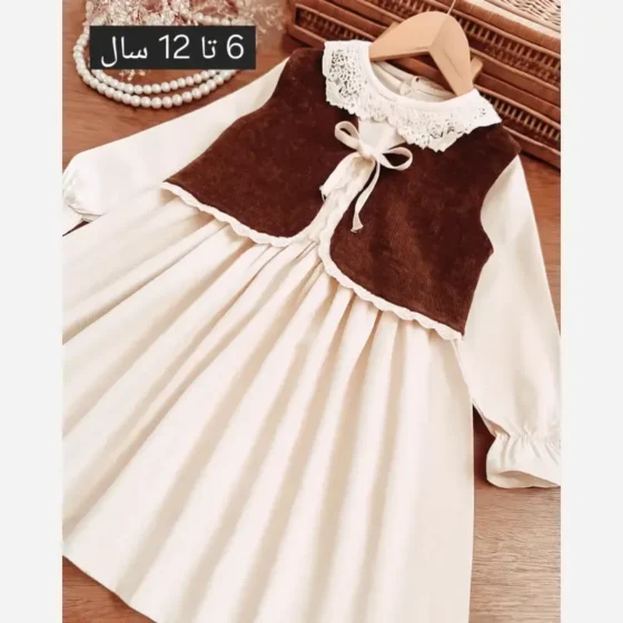 سارافون کت دخترانه رسپینا پیراهن کتان و رویه بافت ترک رنگ نچرال و قهوه ای سایز 6 تا 12 سال