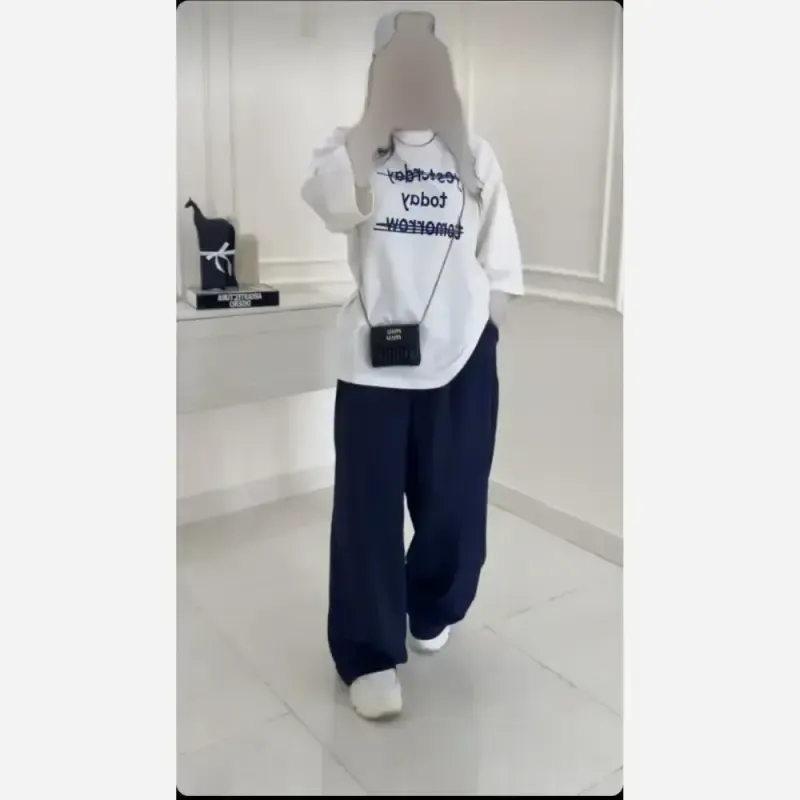 شلوار بگ زنانه پارچه ای مازراتی گرم بالا فری سایز رنگ کرم و سرمه ای قد 108 - تصویر 3