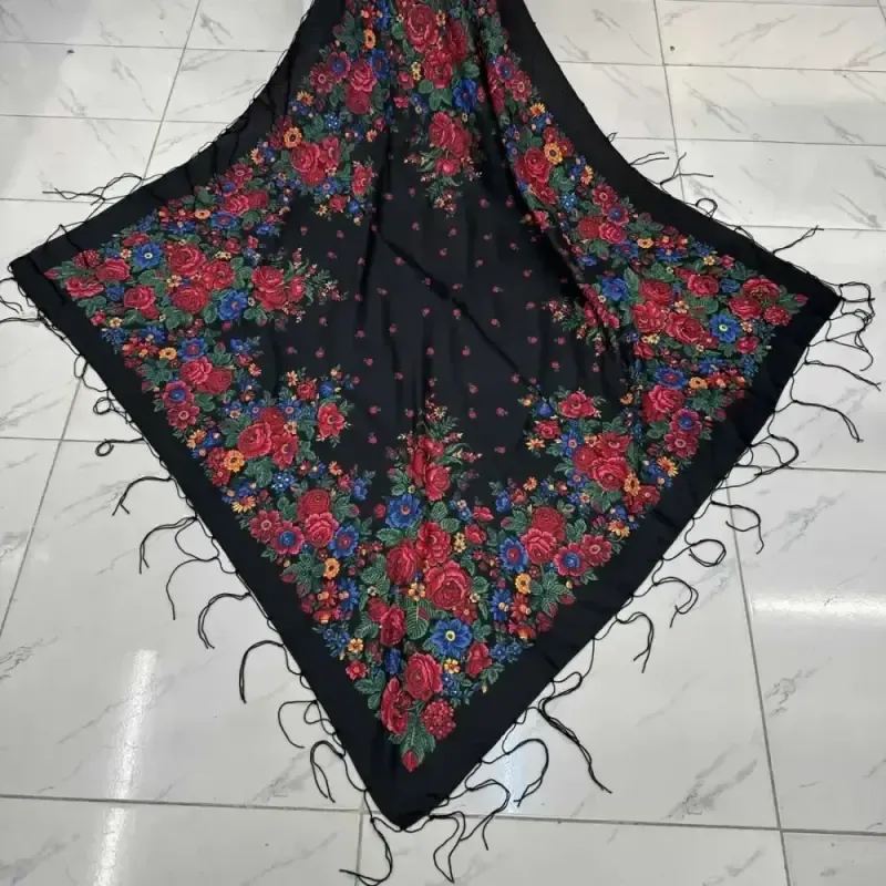 روسری ترکمنی ایرانی مدل تاتار کد 1607 طرح سنتی نخ پلی استر 130x130 مناسب 4 فصل - تصویر 4