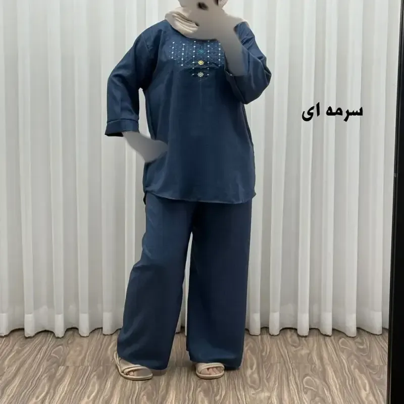 ست بلوز شلوار گلدوزی آلنا فری سایز تا 50 جنس صوفیا چهارفصل شیک راحت بدون آبرفت و رنگ رفت - تصویر 2