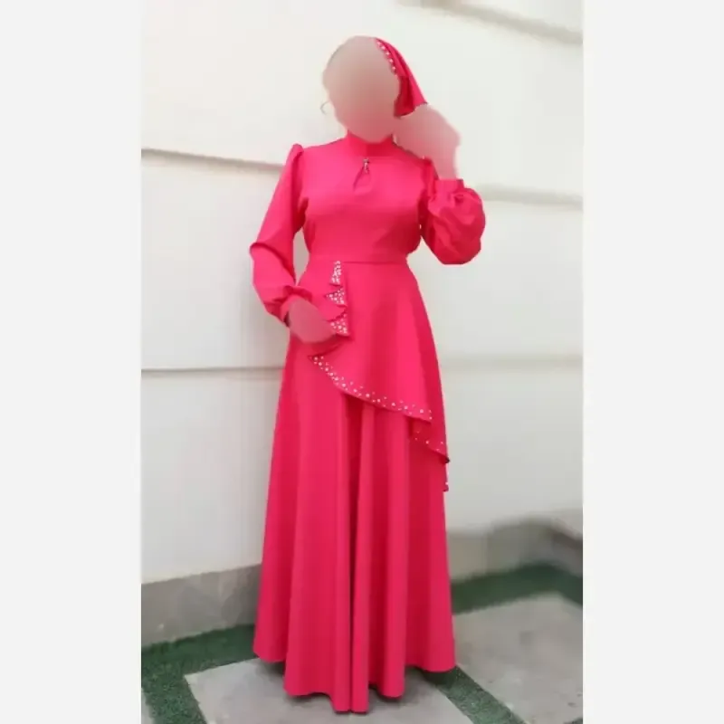 پیراهن مجلسی زنانه کرپ مازراتی مدل ستاره به همراه تل اسکارف و سنجاق یقه - تصویر 10