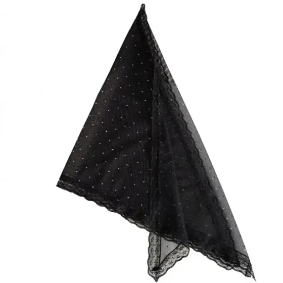 مینی اسکارف مجلسی نگین دار تور دانتل دوزی شده مشکی 70x70
