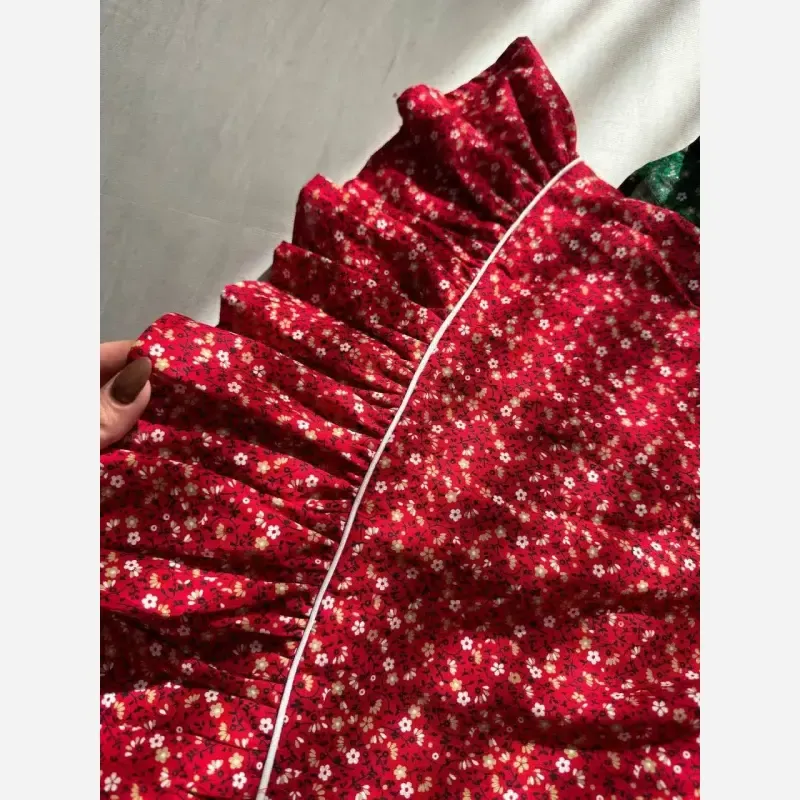 پیراهن کتان تافته دخترانه مهمونی تولد بیرونی رنگ سبز و قرمز سایز 2 تا 8 سال - تصویر 4