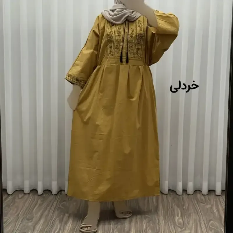 پیراهن لینن گلدوزی مایا کد 1745 فری سایز زنانه چهارفصل تنخور شیک و راحت بدون سایه اندازی و بدن نما - تصویر 4