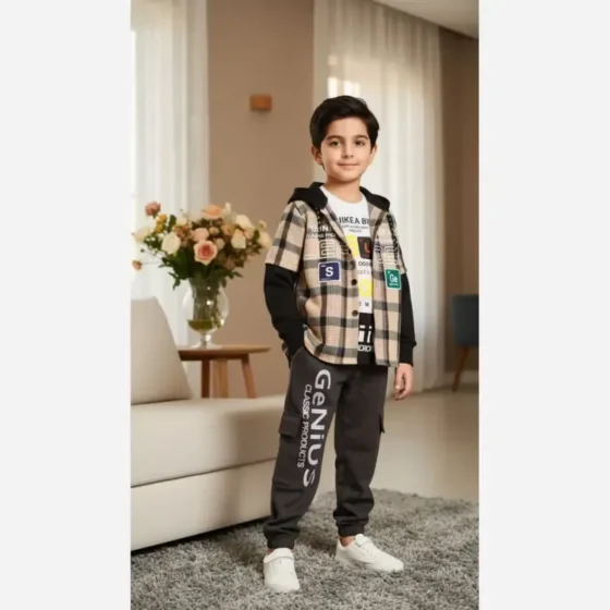 ست سه تیکه بچگانه کشمیر چهارخونه مدل دموند سایز 50