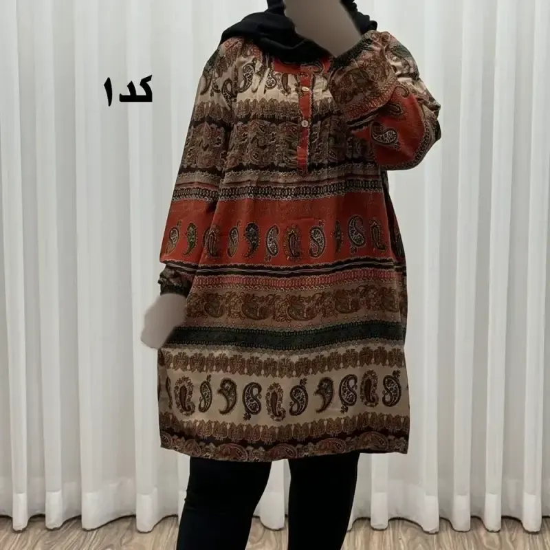 تونیک سایزبزرگ وارداتی مدل ترمه افقی کد 1617 جنس نخی چهارفصل زنانه سایز 6 تا 8 - تصویر 3
