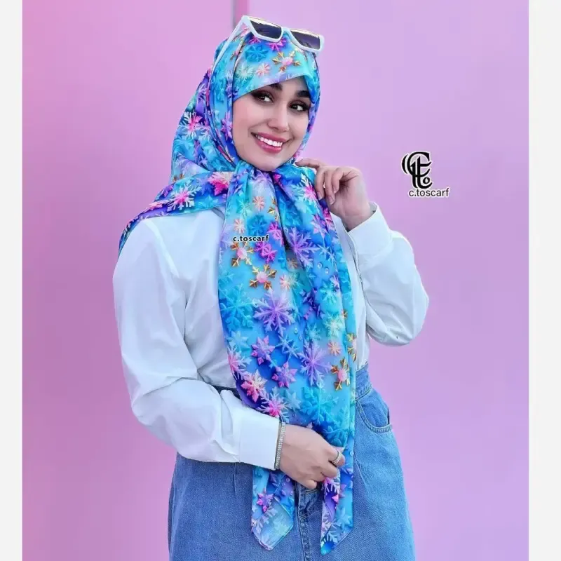 روسری نخی طرح بارلین قواره 140 زنانه آبی پاستیلی - تصویر 2