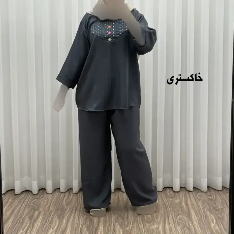 ست بلوز شلوار گلدوزی آلنا فری سایز تا 50 جنس صوفیا چهارفصل شیک راحت بدون آبرفت و رنگ رفت - تصویر 4