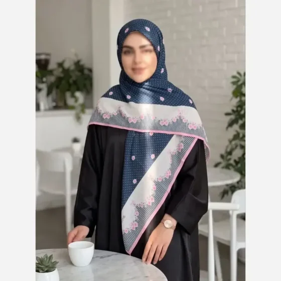روسری سوپرنخ سرمه ای صورتی قواره 140 لطیف و نرم