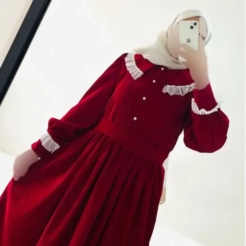 پیراهن مخمل کبریتی قرمز مرواریددوزی شده مجلسی قد 138 سایز 38 تا 42