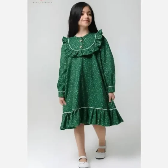 پیراهن کتان تافته دخترانه مهمونی تولد بیرونی رنگ سبز و قرمز سایز 2 تا 8 سال