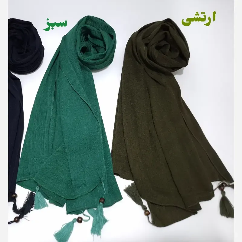 شال تابستانه منگولهدار برشکا رنگ سبز و زرشکی و خاکی و سبز زمردی و ارتشی - تصویر 2