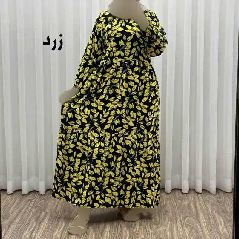 پیراهن نخی گلدار برگ فری سایز تا 46 سوپر نخ خارجی چهارفصل زنانه شیک راحت سایه نمیندازد کمربند دارد - تصویر 4