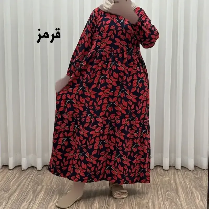 پیراهن نخی گلدار برگ فری سایز تا 46 سوپر نخ خارجی چهارفصل زنانه شیک راحت سایه نمیندازد کمربند دارد - تصویر 2