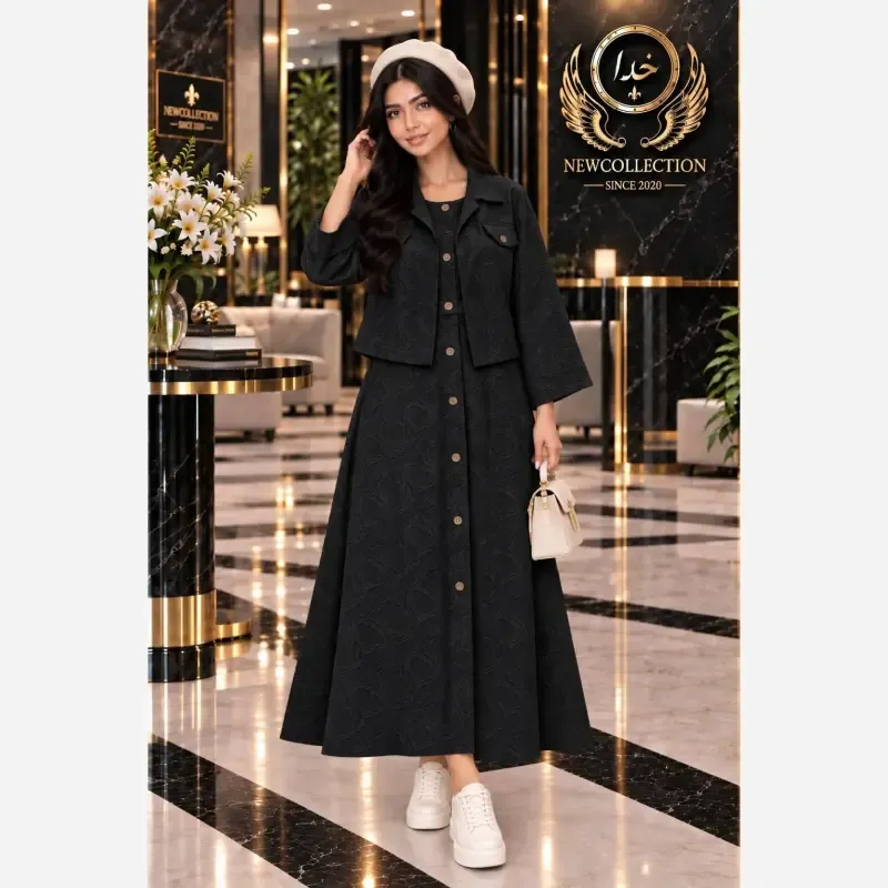 پیراهن عروسکی طرحدار جدید جنس کسمه اعلا فری سایز 38 تا 46 رنگ مشکی بنتون کرم - تصویر 4