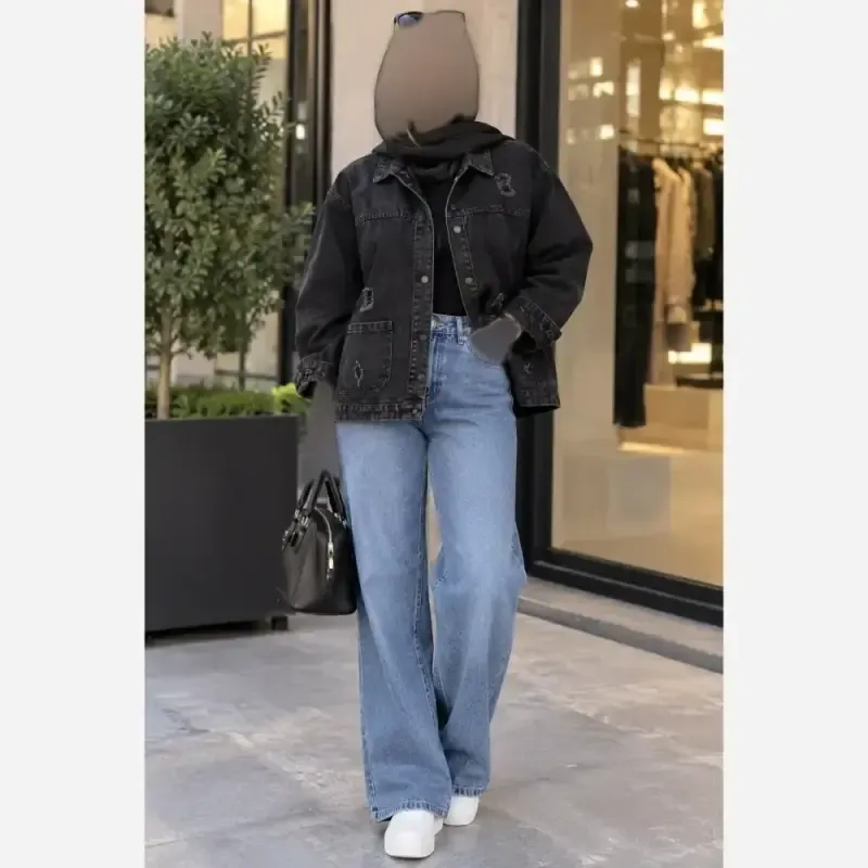 کت جین اسپرت قواره دار زاپ دار جیب و دکمه دار ضخیم جین اصلی - تصویر 5