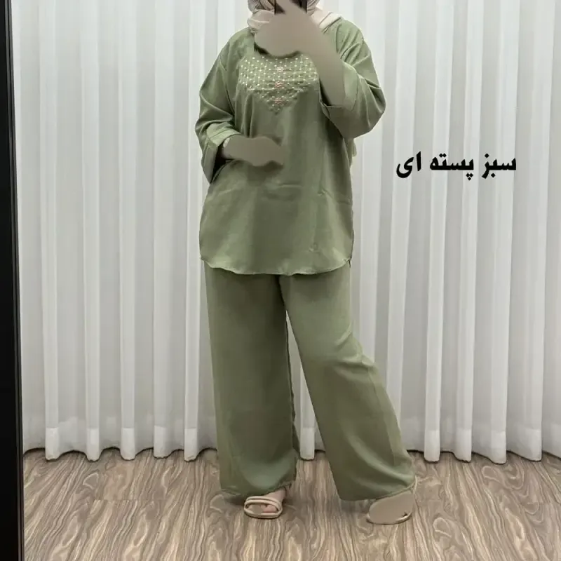ست بلوز شلوار گلدوزی آلنا فری سایز تا 50 جنس صوفیا چهارفصل شیک راحت بدون آبرفت و رنگ رفت - تصویر 3