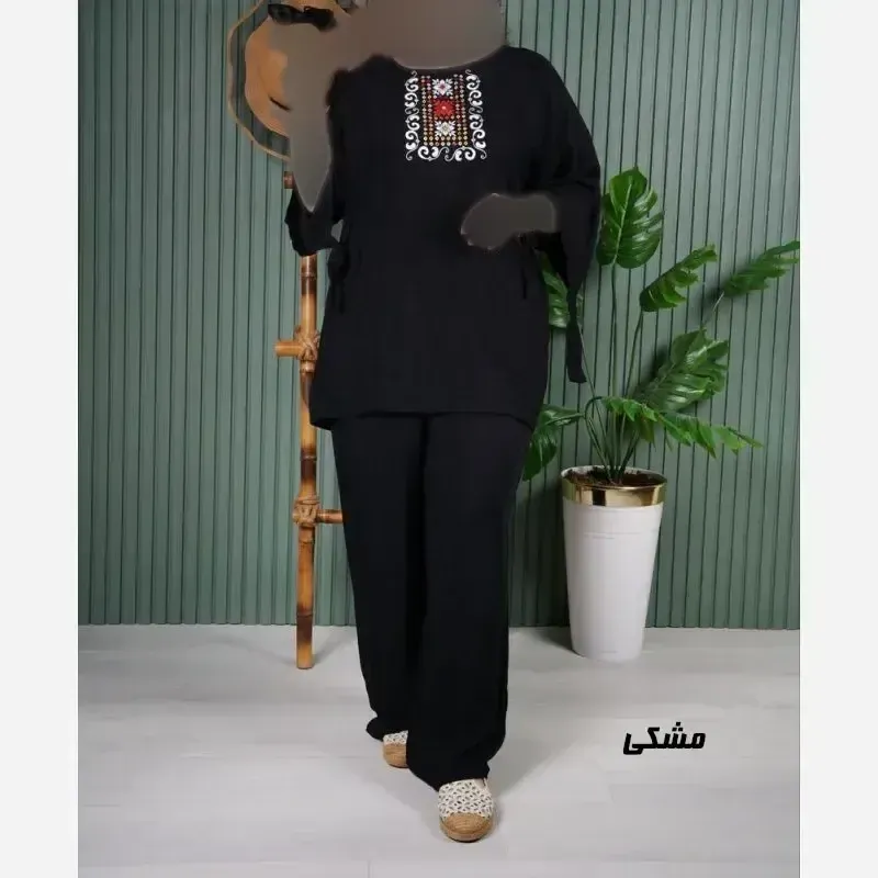 ست بلوز و شلوار نخی زنانه مدل سنتی فری سایز مناسب تا 48 - تصویر 3