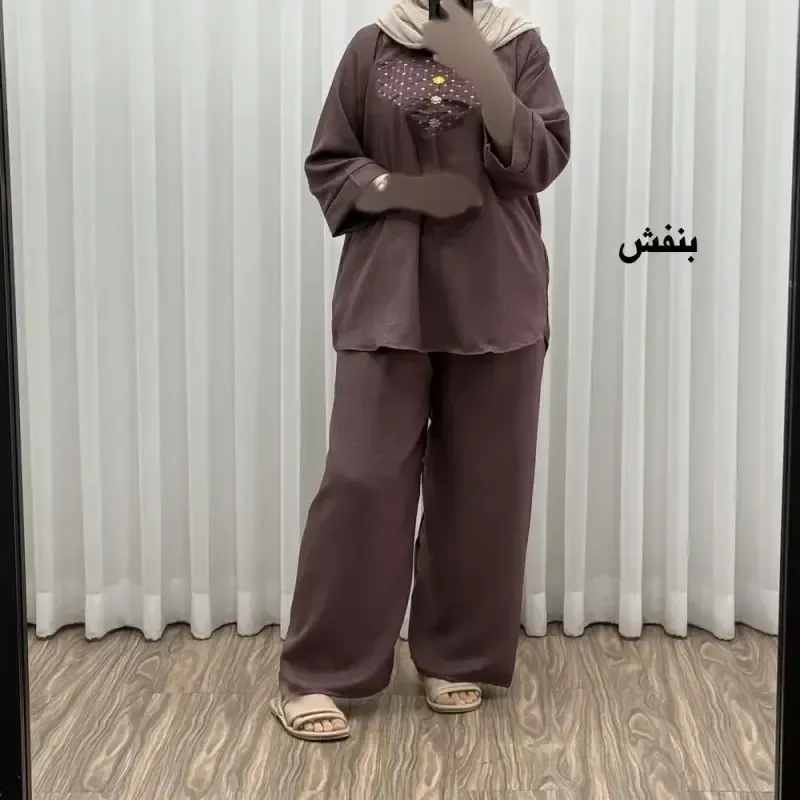 ست بلوز شلوار گلدوزی آلنا فری سایز تا 50 جنس صوفیا چهارفصل شیک راحت بدون آبرفت و رنگ رفت - تصویر 7