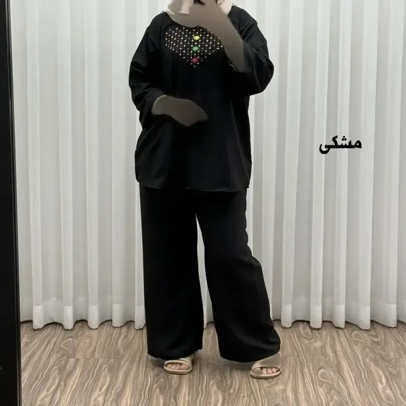 ست بلوز شلوار گلدوزی آلنا فری سایز تا 50 جنس صوفیا چهارفصل شیک راحت بدون آبرفت و رنگ رفت - تصویر 9