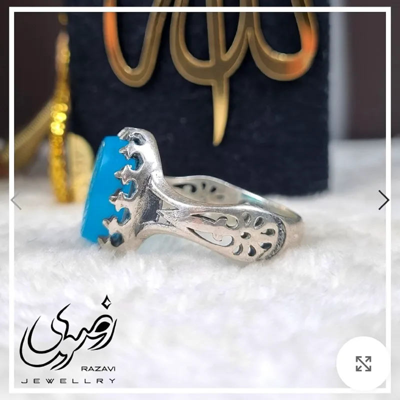 انگشتر نقره زنانه عقیق آبی دست ساز با رکاب طرح اسلیمی عیار 925 - تصویر 3