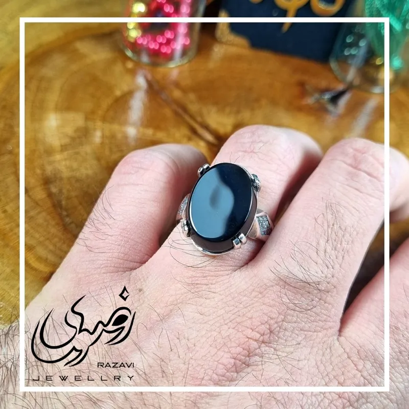 انگشتر مردانه آلیاژ نقره روس سنگ عقیق مشکی - تصویر 3